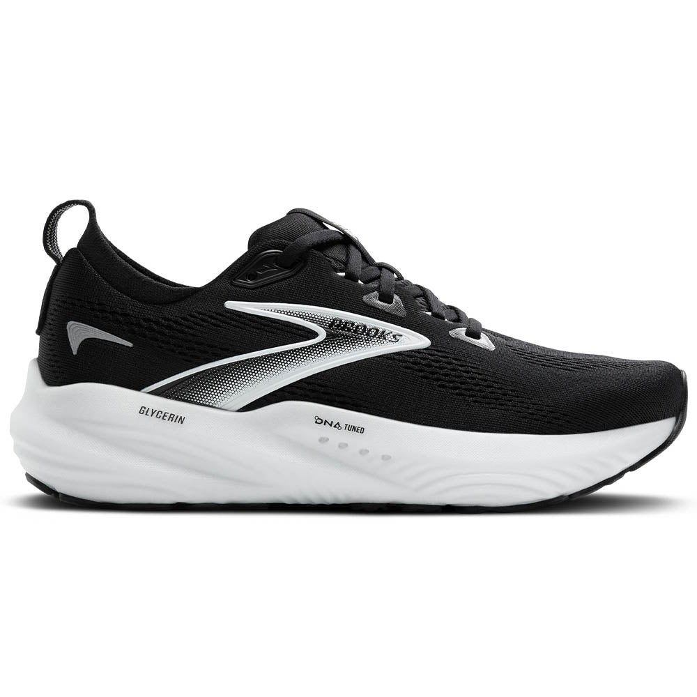 Side view on white background of Womens Brooks Glycerin running shoe in Black/Grey/White, Wide width