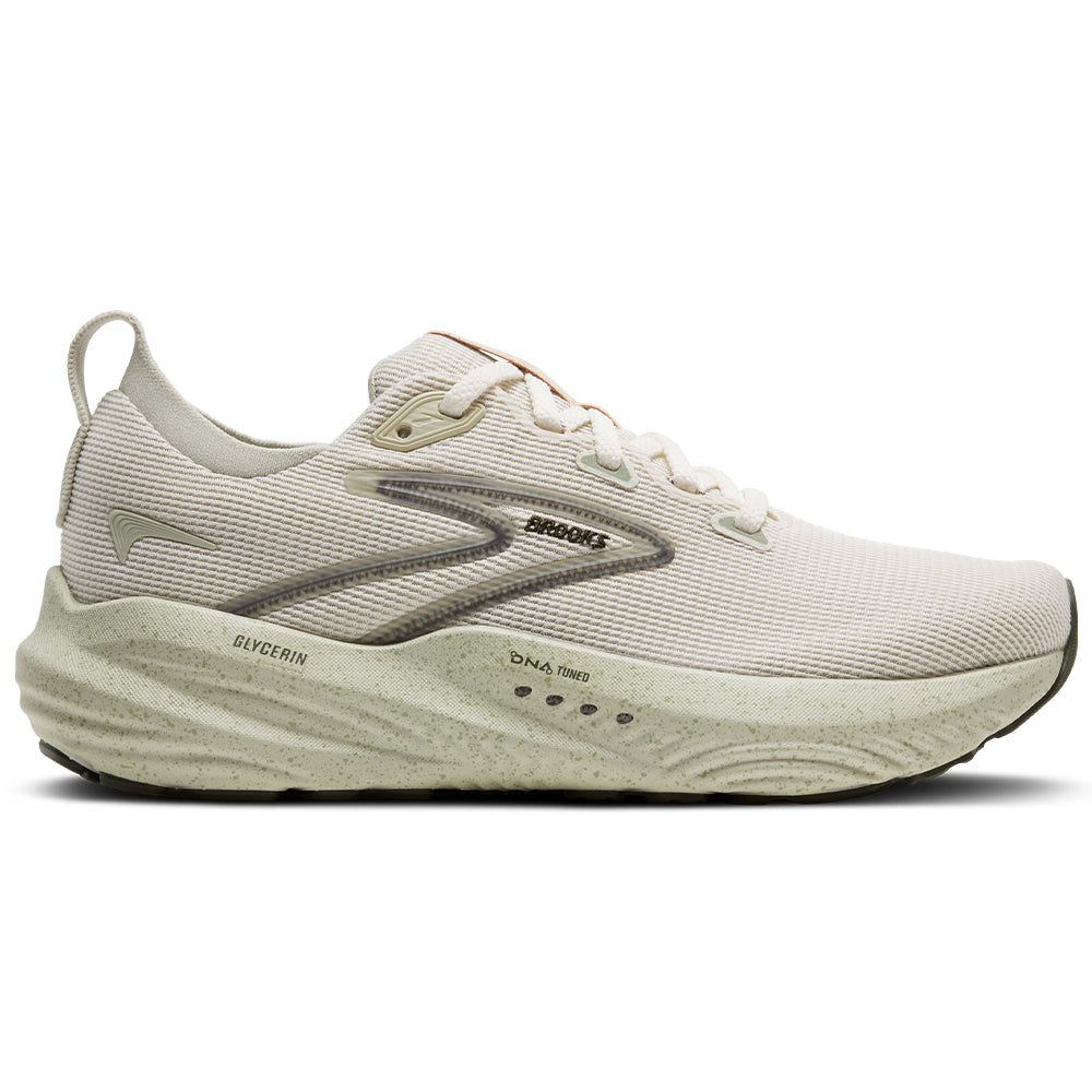Side view on white background of Womens Brooks Glycerin running shoe in Celadon/Whisper/Beetle, Medium (Regular) width