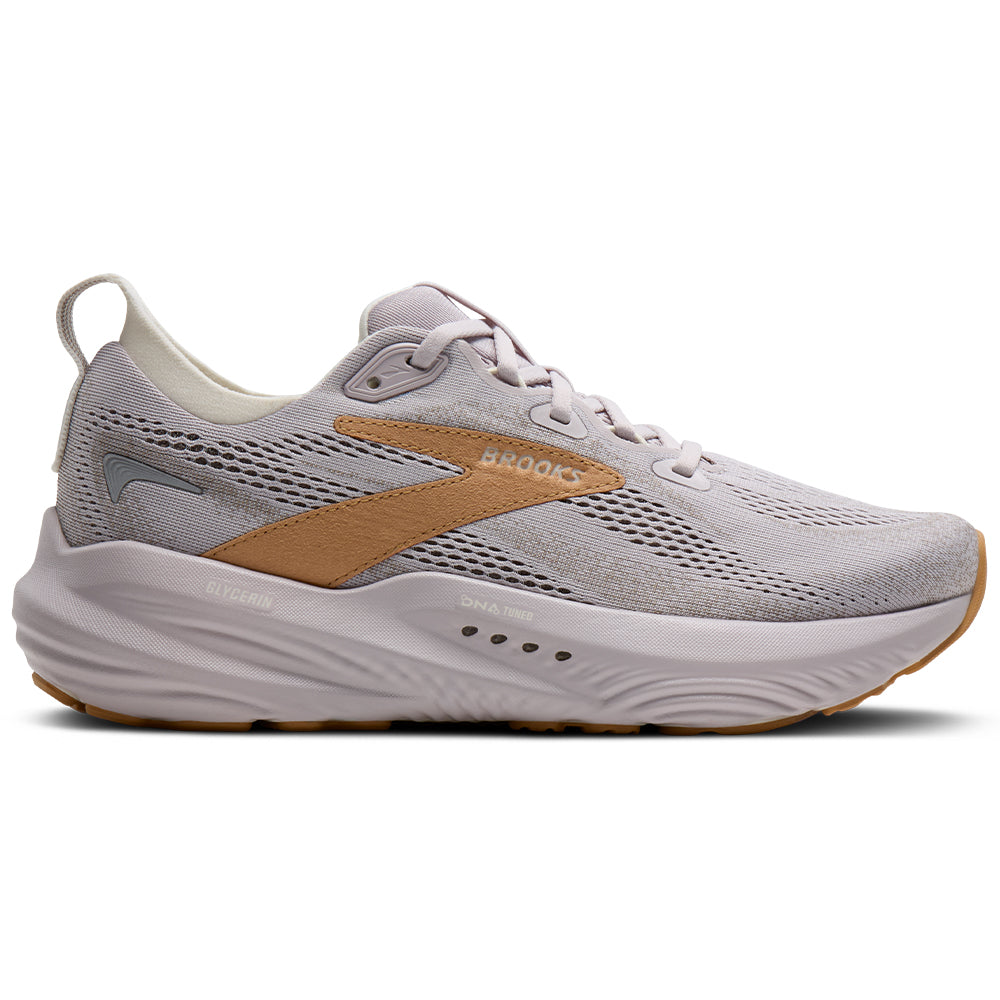 Side view on white background of Womens Brooks Glycerin 22 running shoe in Lilac/Taffy/Coconut, Medium (Regular) width
