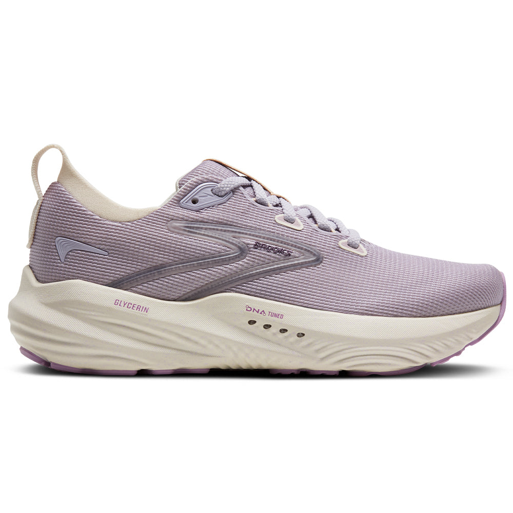 Side view on white background of Womens Brooks Glycerin running shoe in Lilac/Whisper/Lupine, Medium (Regular) width