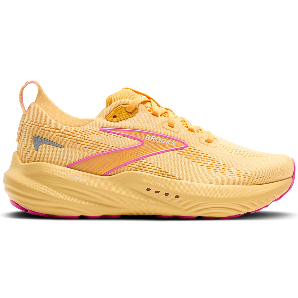Side view on white background of Womens Brooks Glycerin running shoe in Sherbert/Apricot/Pink, Medium (Regular) width