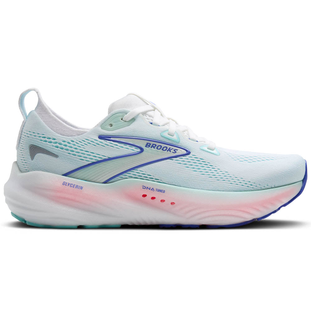 Side view on white background of Womens Brooks Glycerin running shoe in White/Limpet Shell/Amparo Blue, Wide width