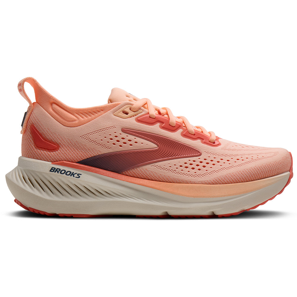 Side view on white background of Womens Brooks Glycerin running shoe in Coral/Peach/Spellbound, Medium (Regular) width