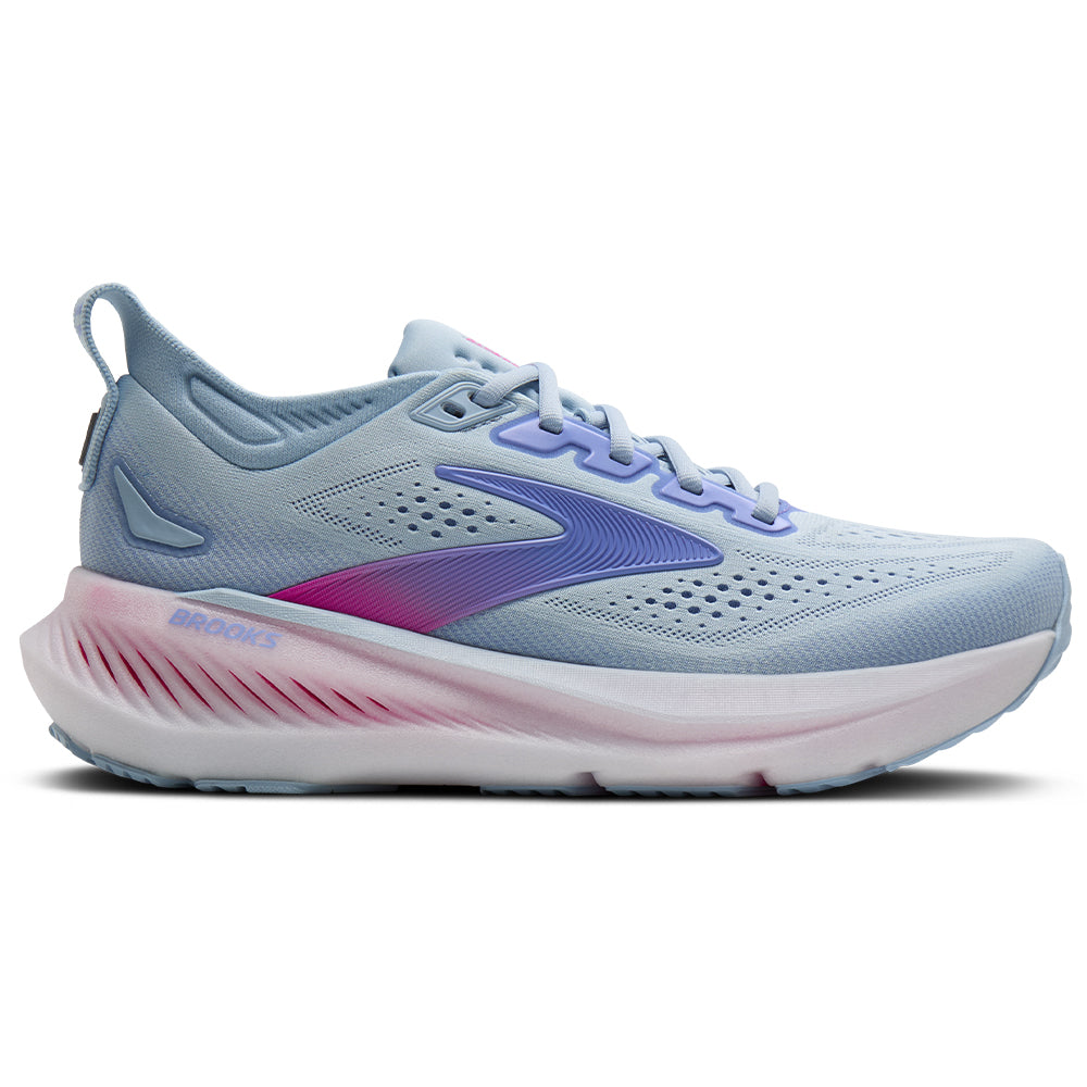 Side view on white background of Womens Brooks Glycerin running shoe in Skyway/Blazing Bell/Pink, Medium (Regular) width