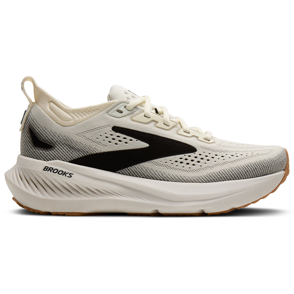 Side view on white background of Womens Brooks Glycerin running shoe in White/Black/Biscuit, Wide width