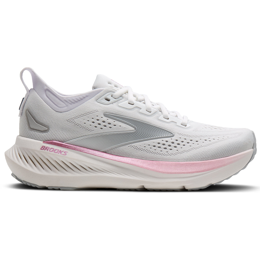 Side view on white background of Womens Brooks Glycerin running shoe in White/Harbor Mist/Metallic, Wide width