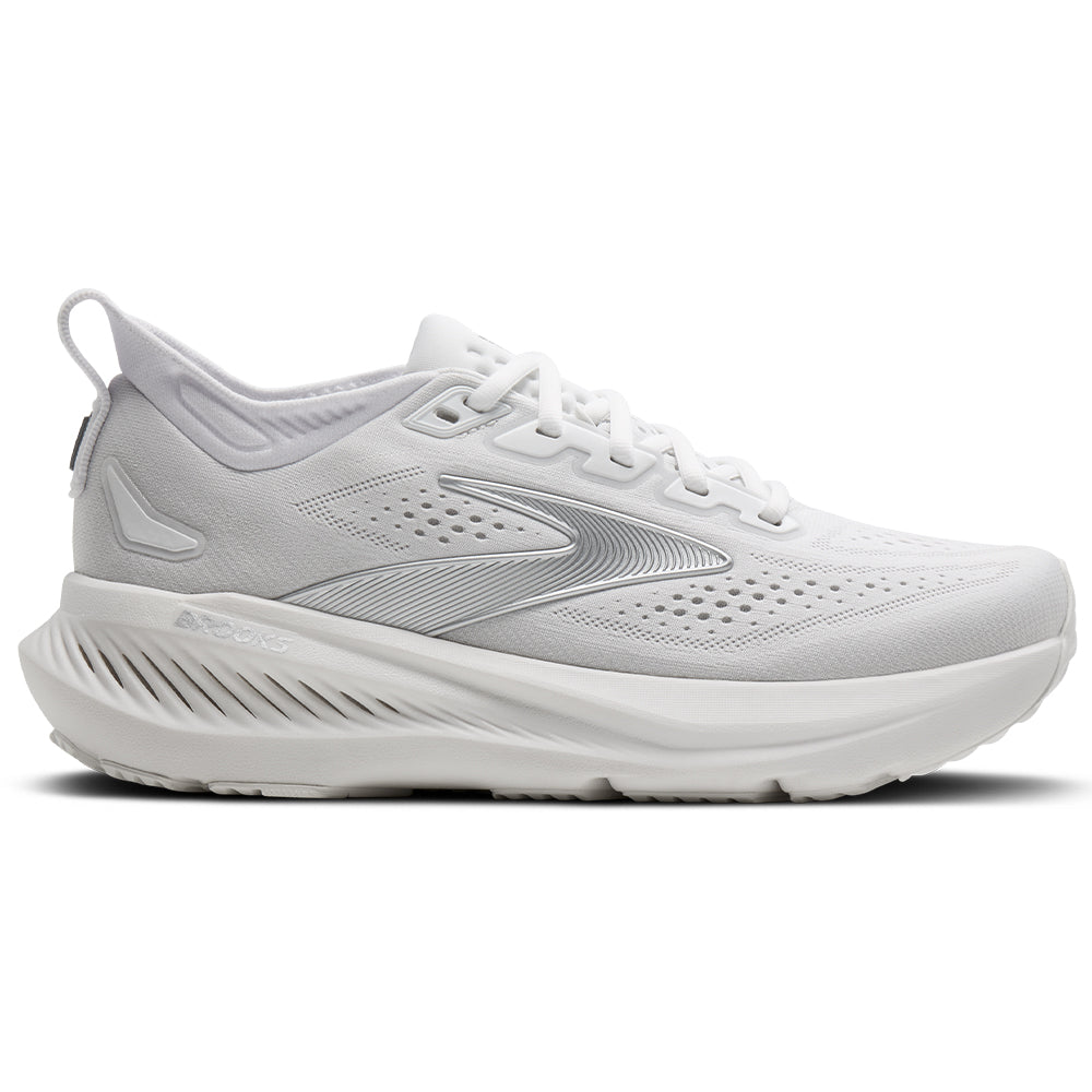 Side view on white background of Womens Brooks Glycerin running shoe in White/Oyster/Silver, Wide width