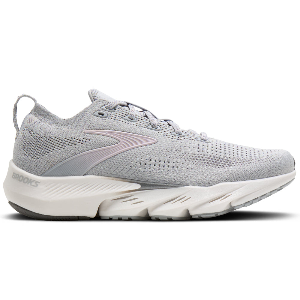Side view on white background of Womens Brooks Glycerin running shoe in Harbor Mist/Poppy Seed/Pink, Medium (Regular) width
