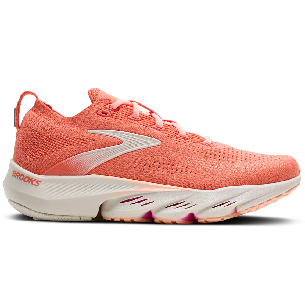 Side view on white background of Womens Brooks Glycerin running shoe in Peach Echo/Coral/Coconut, Medium (Regular) width