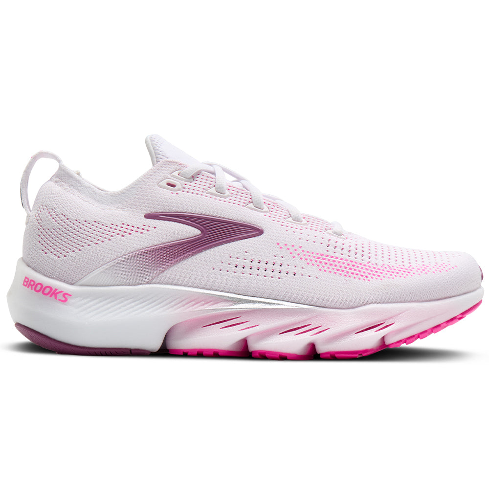 Side view on white background of Womens Brooks Glycerin running shoe in White/Cyber Pink/Argyle, Medium (Regular) width