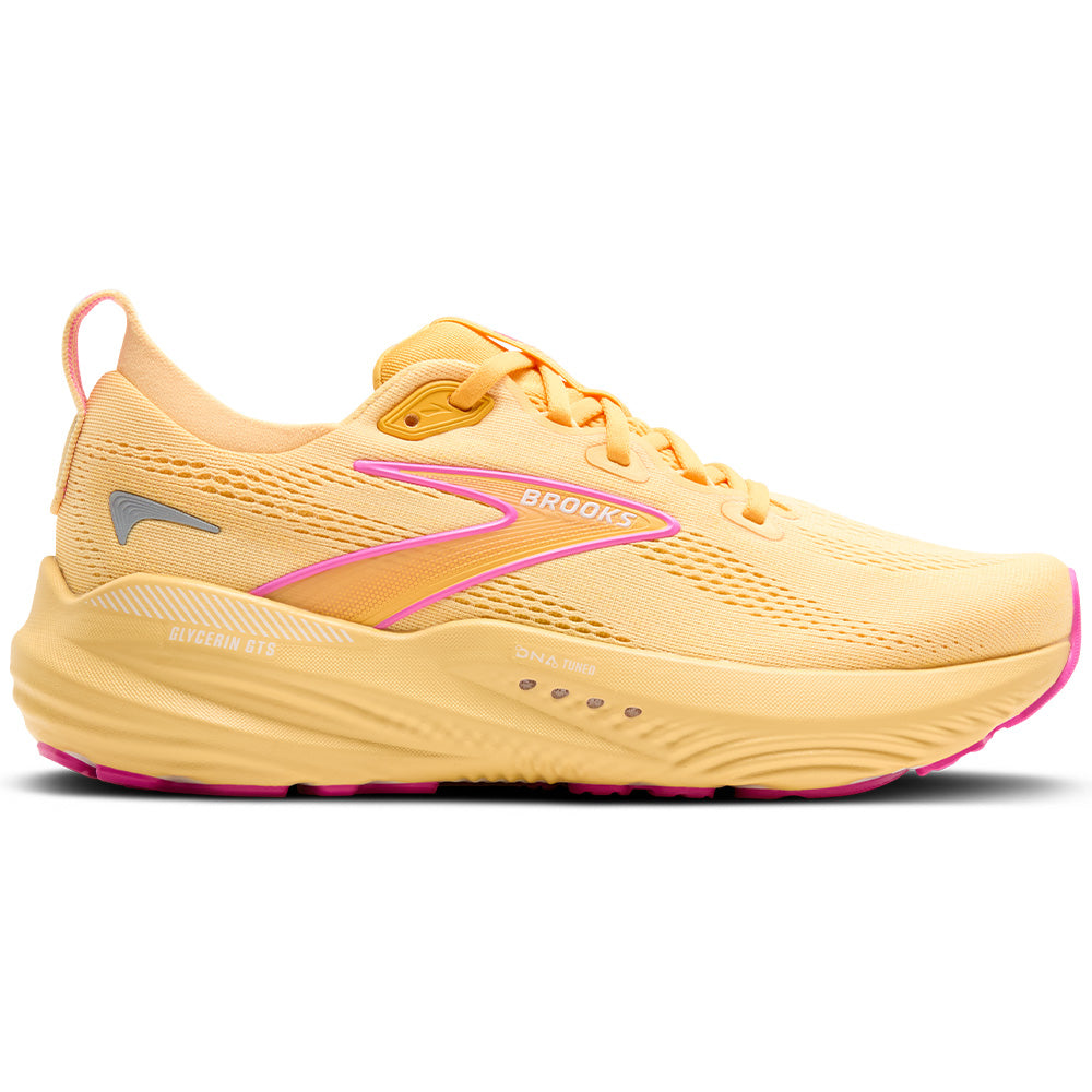 Side view on white background of Womens Brooks Glycerin running shoe in Sherbert/Apricot/Pink, Medium (Regular) width
