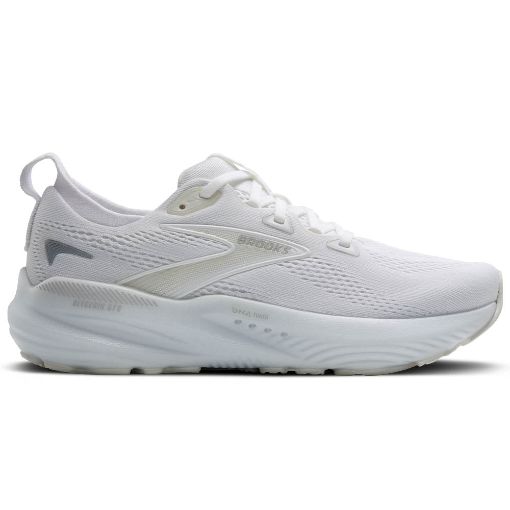 Side view on white background of Womens Brooks Glycerin running shoe in White/White/Grey, Medium (Regular) width
