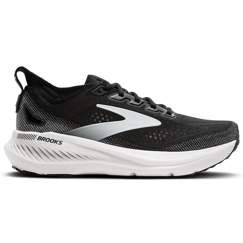 Side view on white background of Womens Brooks Glycerin running shoe in Black/Grey/White, Medium (Regular) width