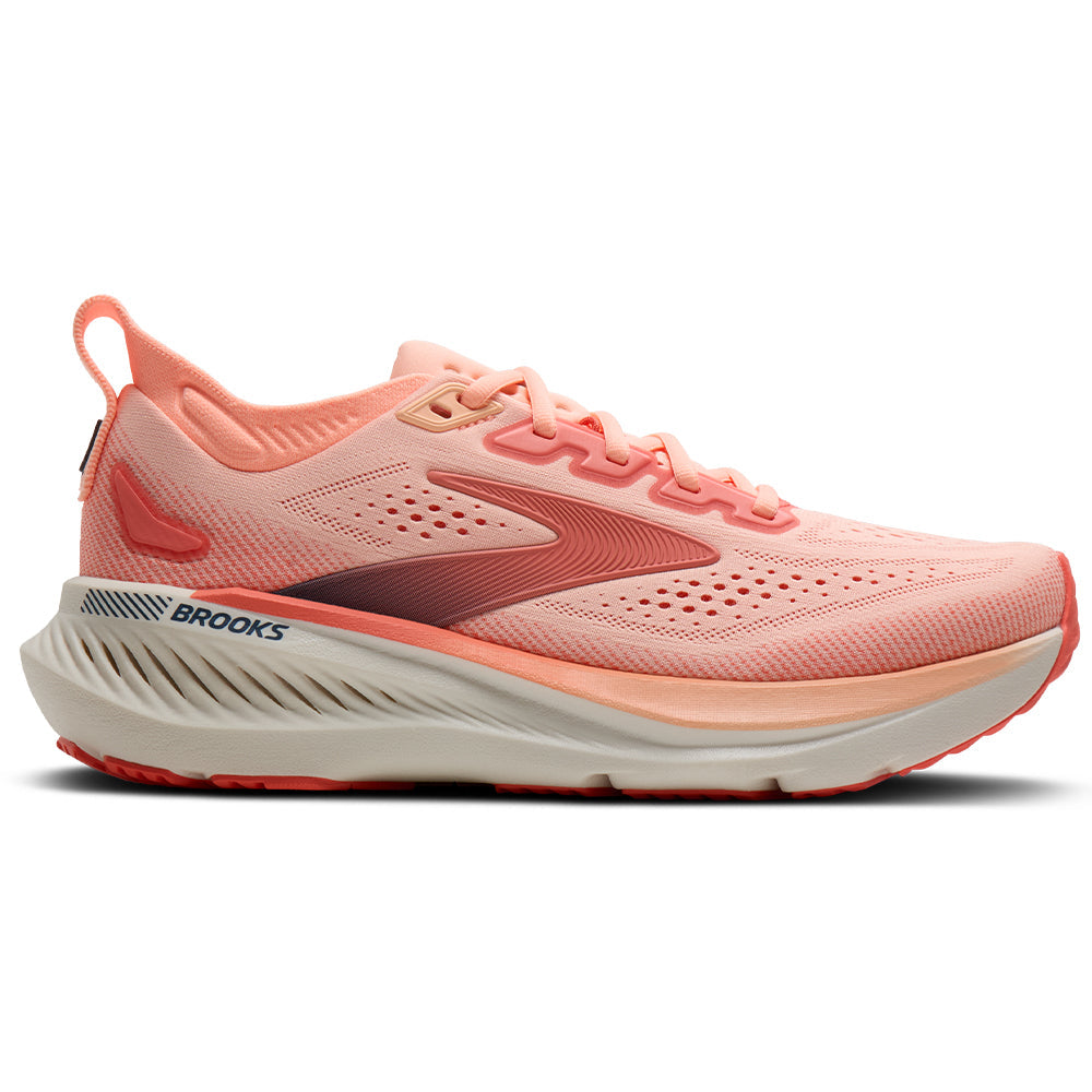 Side view on white background of Womens Brooks Glycerin running shoe in Coral/Peach/Spellbound, Medium (Regular) width