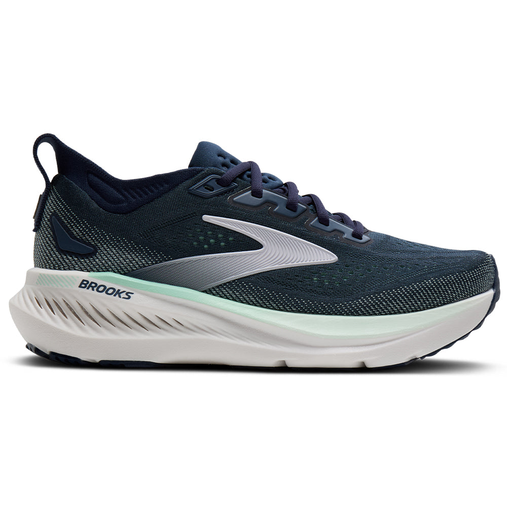 Side view on white background of Womens Brooks Glycerin running shoe in Spellbound/Yucca/Pink, Wide width