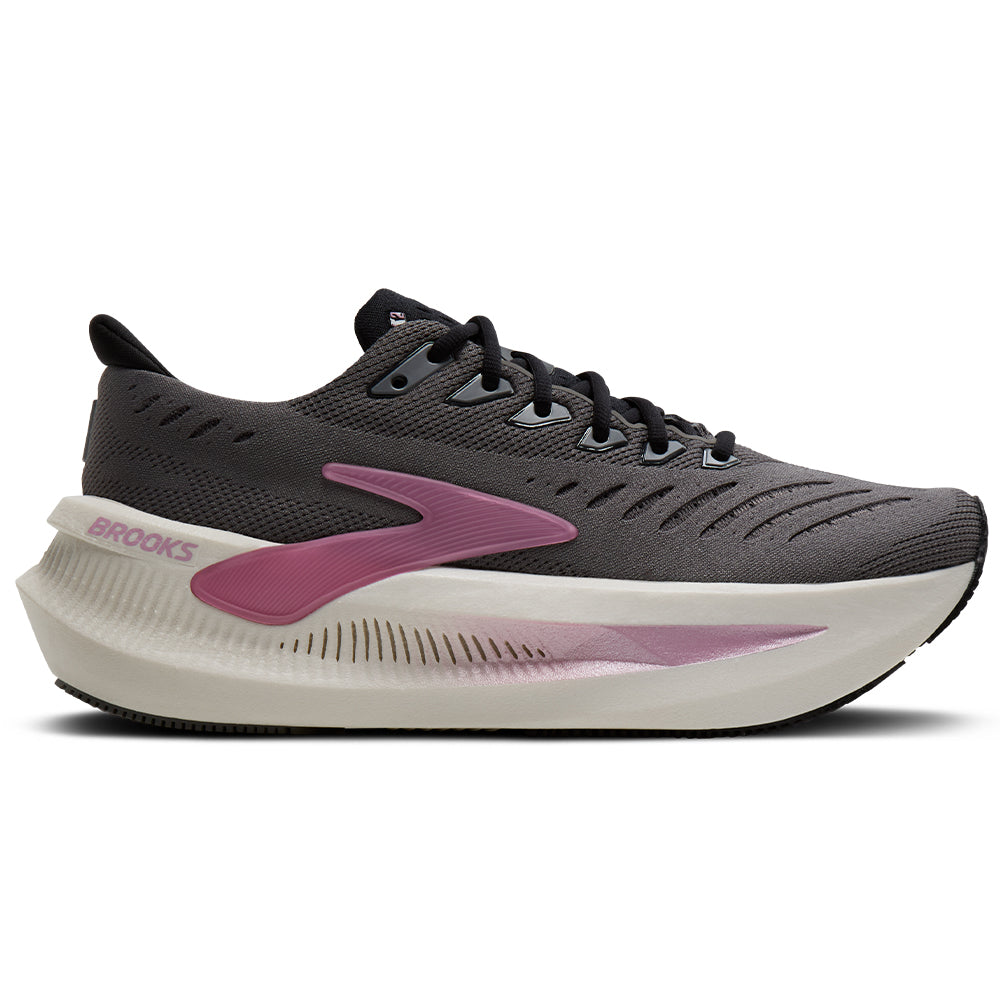 Side view on white background of Womens Brooks Glycerin running shoe in Grey/Coconut/Metallic, Medium (Regular) width
