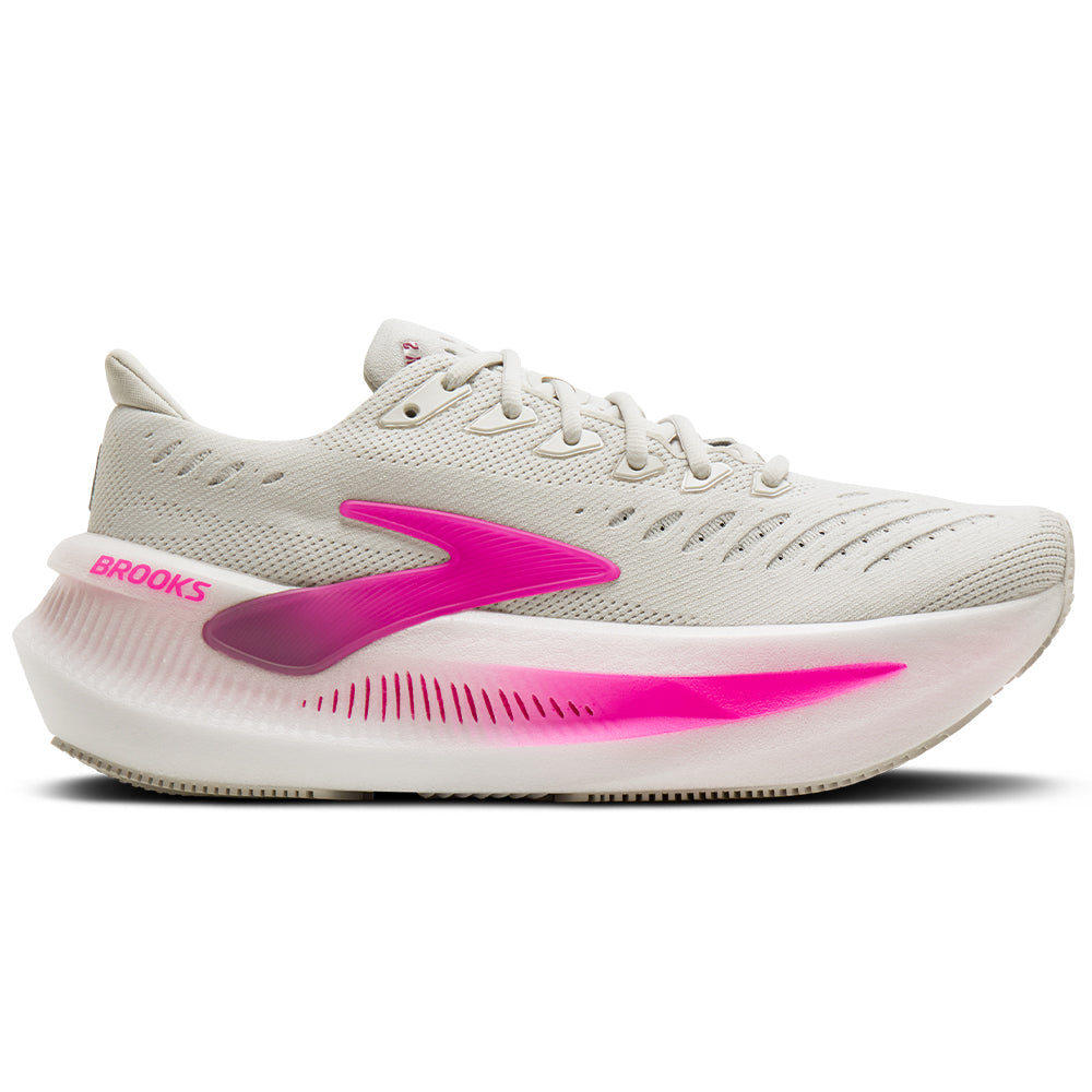 Side view on white background of Womens Brooks Glycerin running shoe in Oyster/Argyle/Cyber Pink, Medium (Regular) width