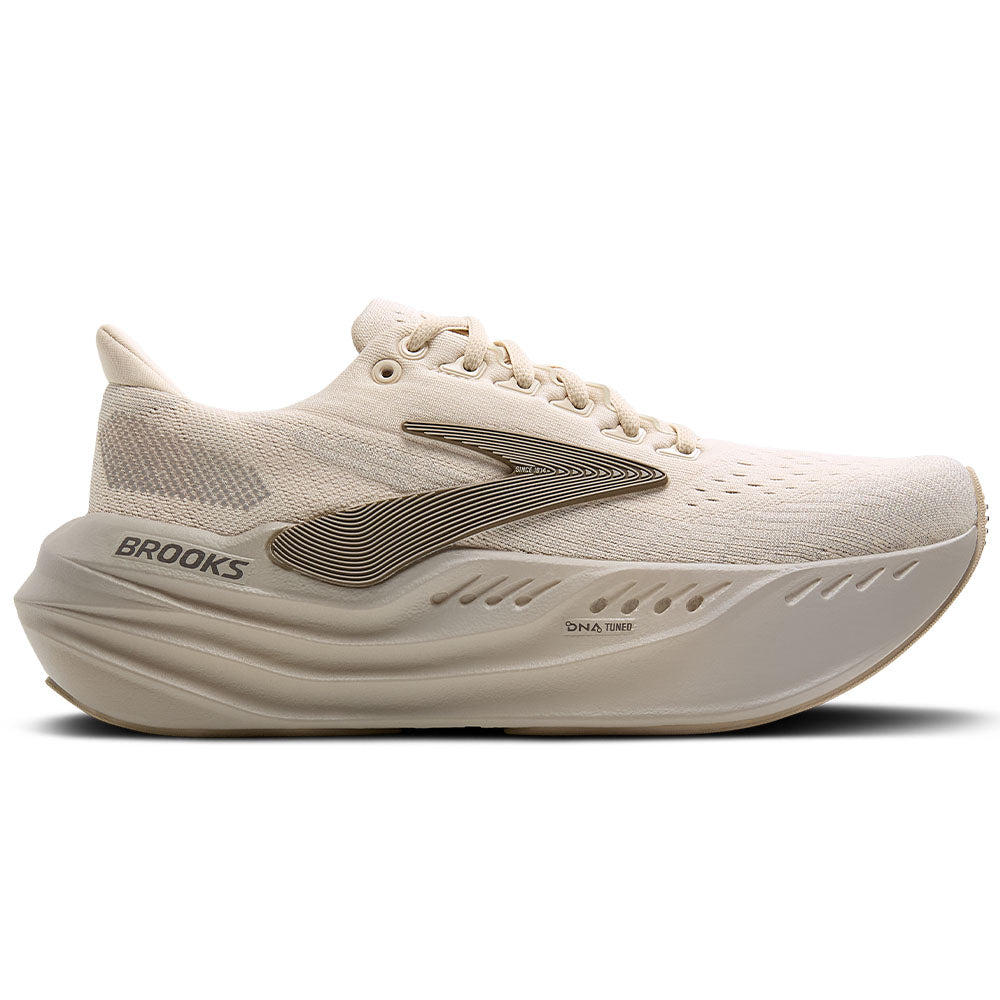 Side view on white background of Womens Brooks Glycerin running shoe in Almond Peach/London Fog/White, Medium (Regular) width