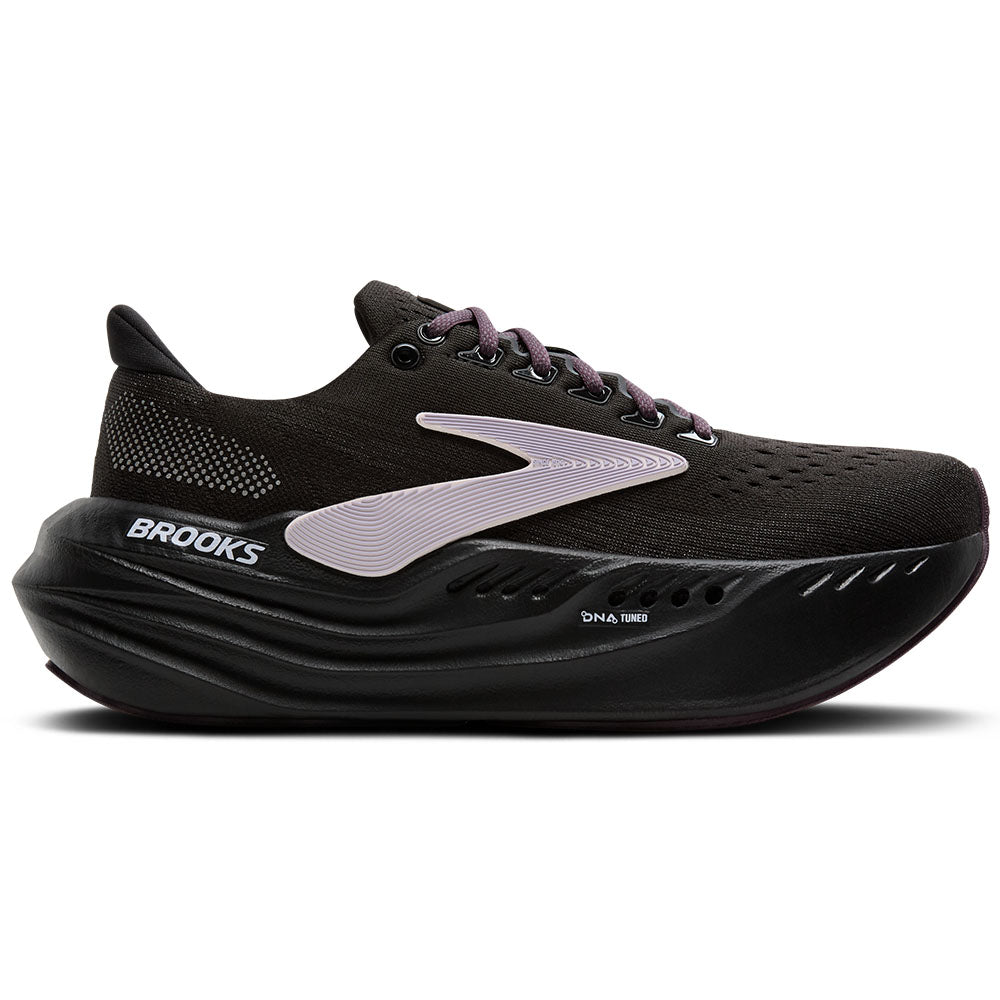 Side view on white background of Womens Brooks Glycerin running shoe in Black/Orchid Ice/Grey, Medium (Regular) width