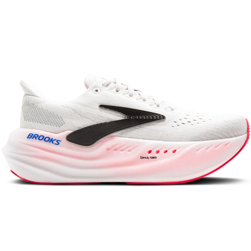 Side view on white background of Womens Brooks Glycerin running shoe in White/Black/Diva Pink, Medium (Regular) width