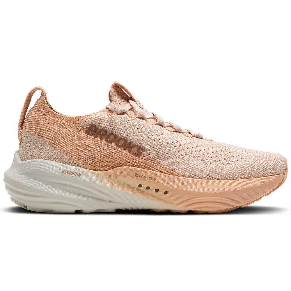 Side view on white background of Womens Brooks Glycerin running shoe in Almond Peach/Almond/Portabella, Medium (Regular) width