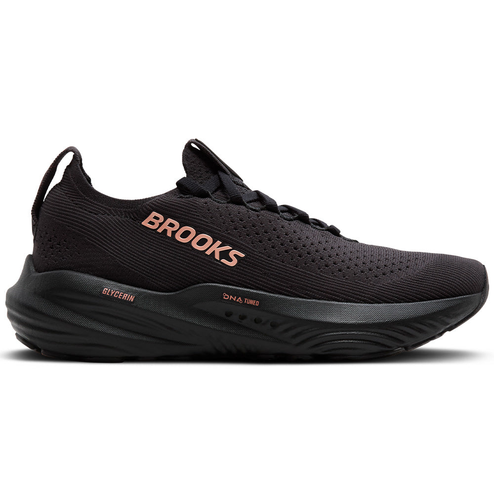 Side view on white background of Womens Brooks Glycerin running shoe in Black/Grey/Rose Gold, Medium (Regular) width
