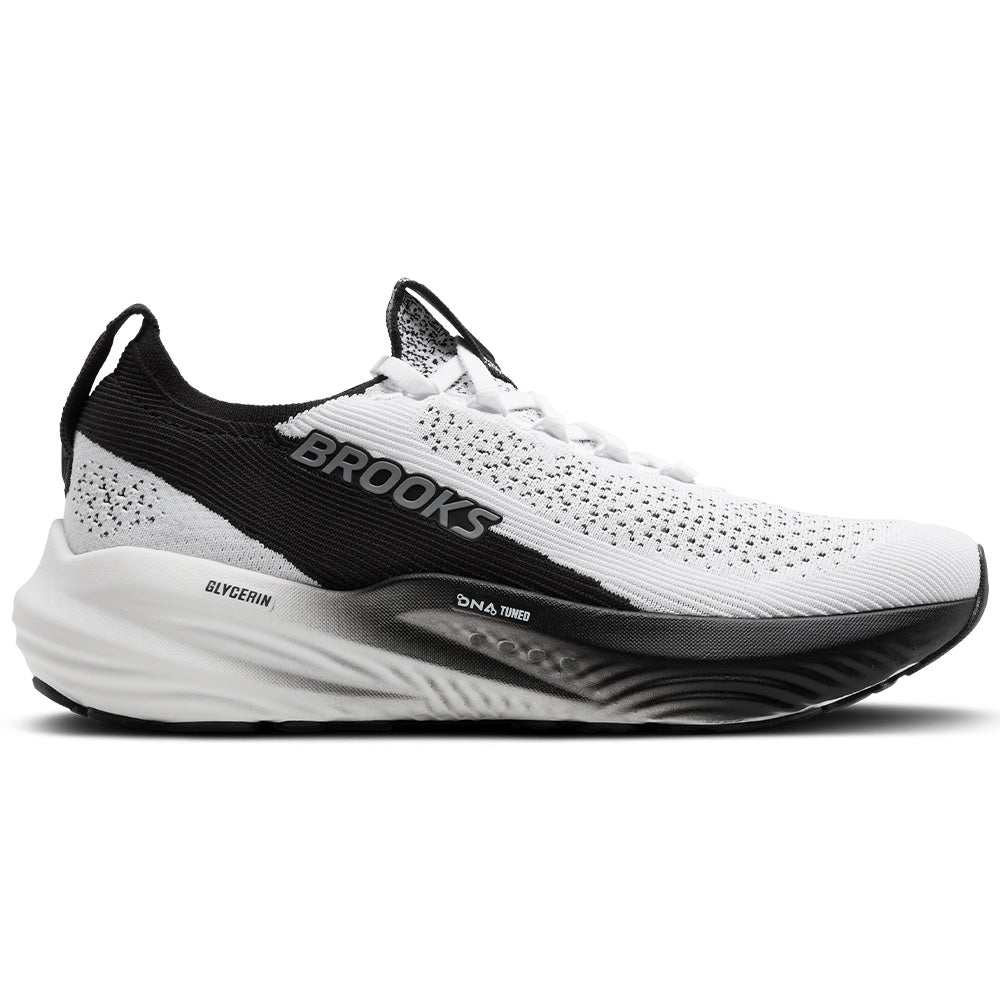 Side view on white background of Womens Brooks Glycerin running shoe in White/Grey/Black, Medium (Regular) width