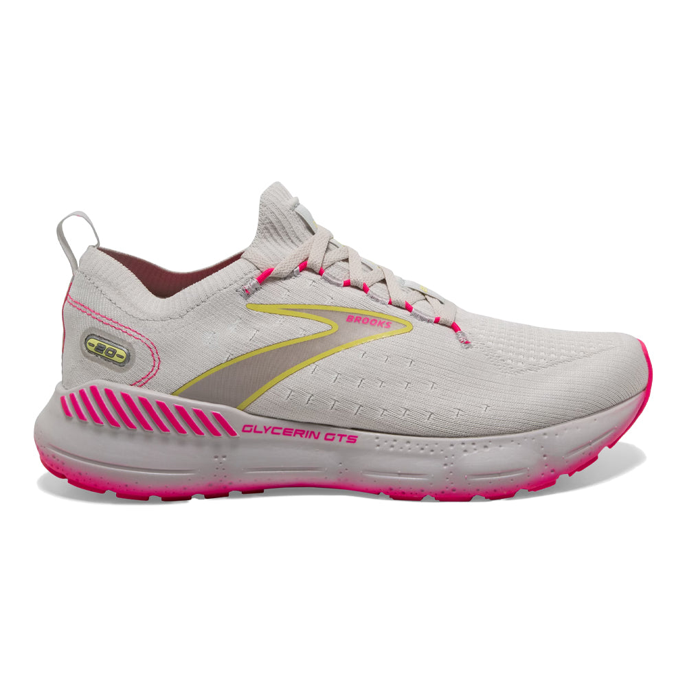Women's Brooks Glycerin StealthFit GTS 20, Grey/Yellow/Pink, 6.5 B Medium
