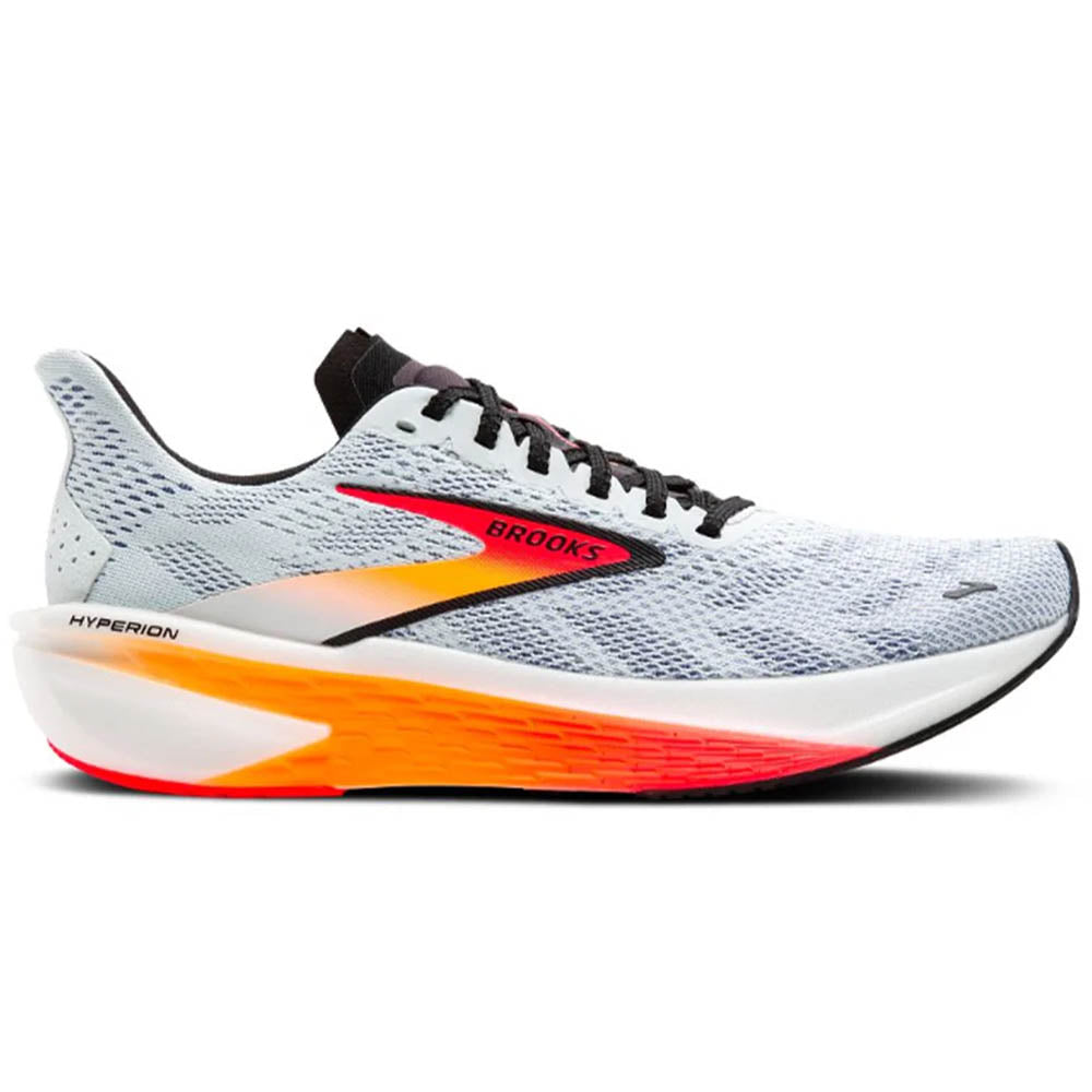 Side view on white background of Womens Brooks Hyperion running shoe in Illusion/Coral/Black, Medium (Regular) width