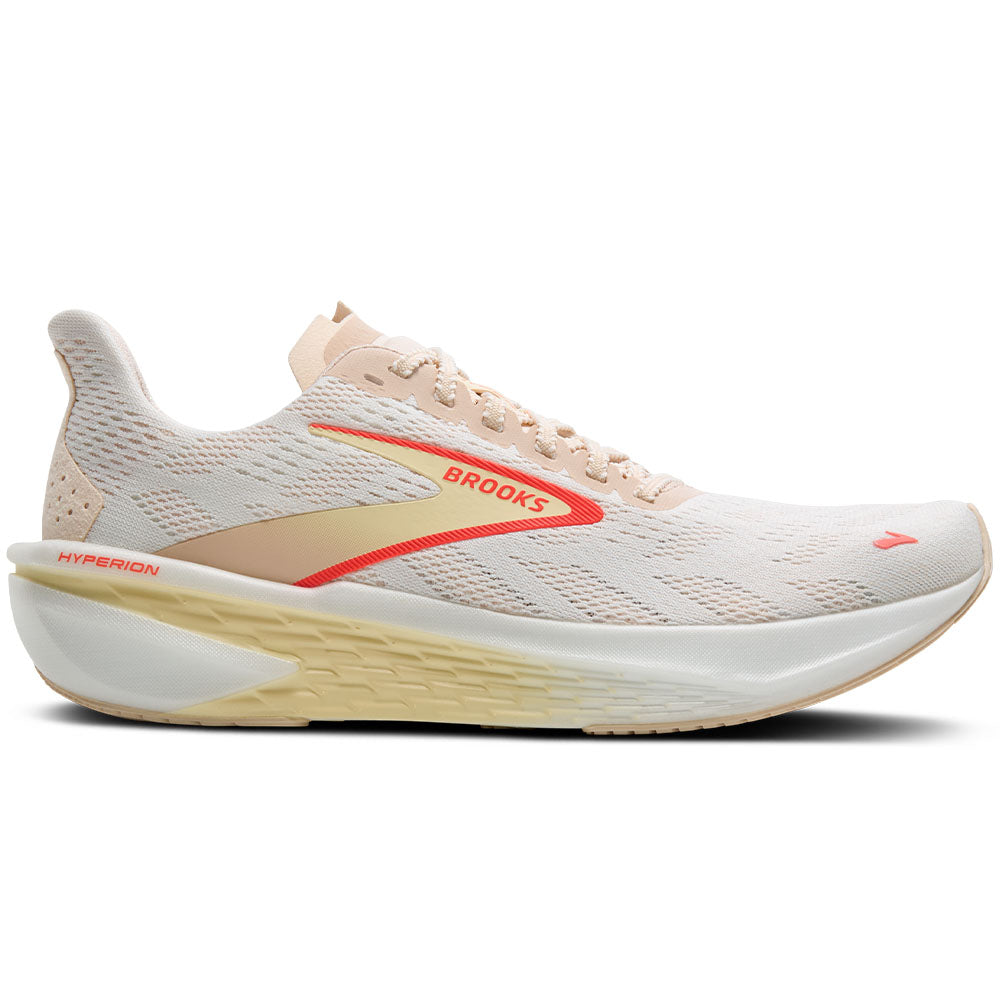 Side view on white background of Womens Brooks Hyperion running shoe in White/Peach/Coral, Medium (Regular) width