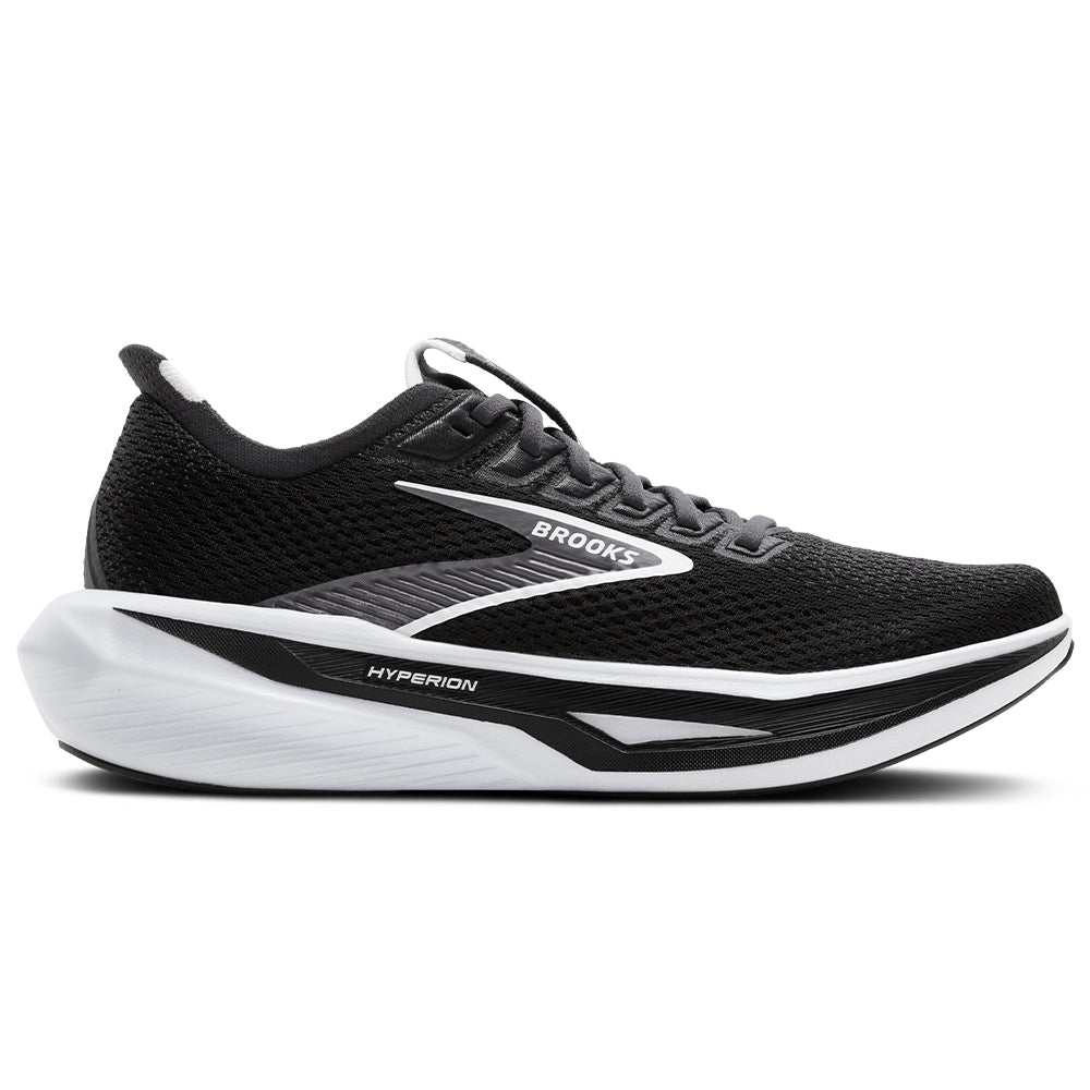 Side view on white background of Womens Brooks Hyperion running shoe in Black/Grey/White, Medium (Regular) width