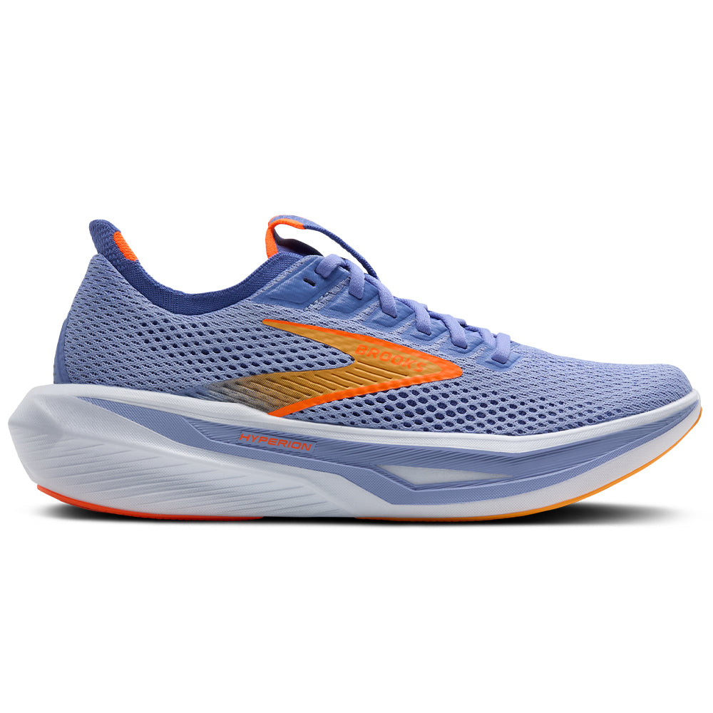 Side view on white background of Womens Brooks Hyperion running shoe in Blue Heron/Orange/White, Medium (Regular) width