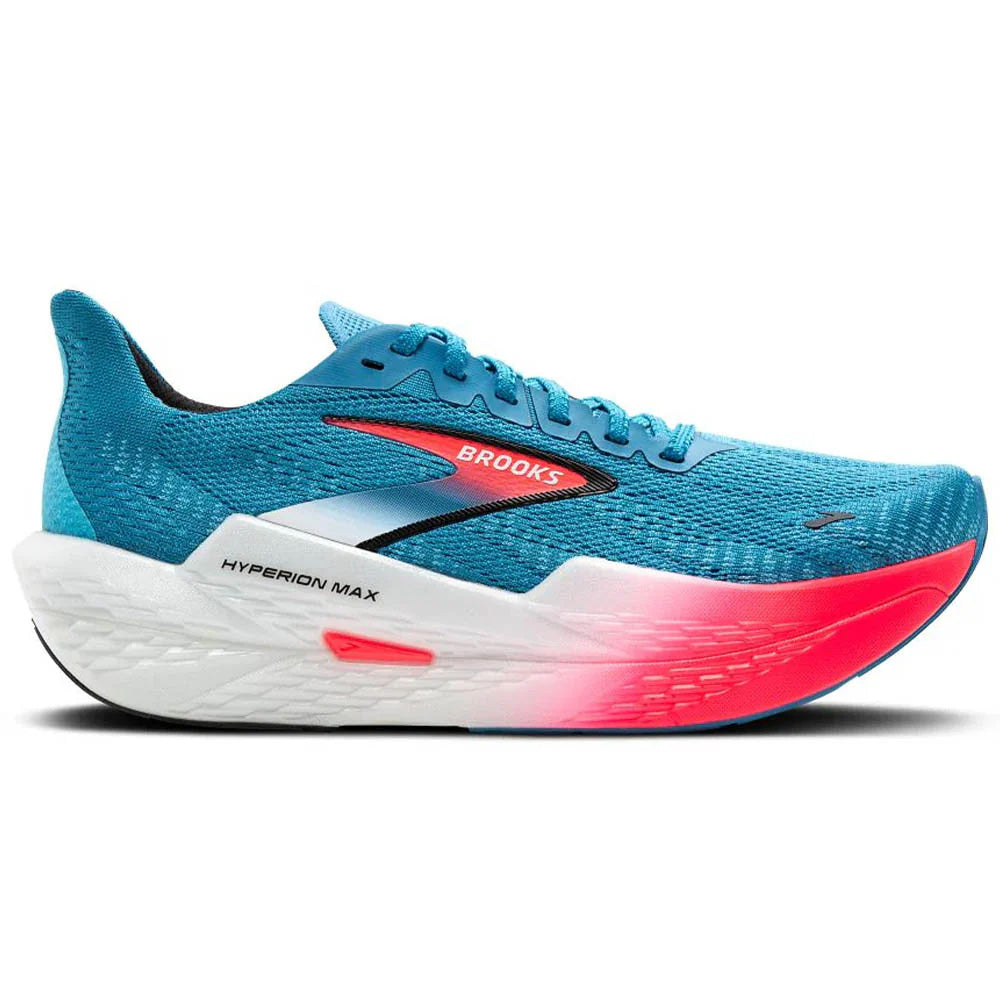 Side view on white background of Womens Brooks Hyperion running shoe in Crystal Seas/Diva Pink/Black, Medium (Regular) width