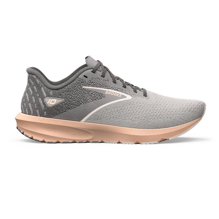 Women's Brooks Launch 10, Grey/Crystal Grey/Pale Peach, 6.5 B Medium