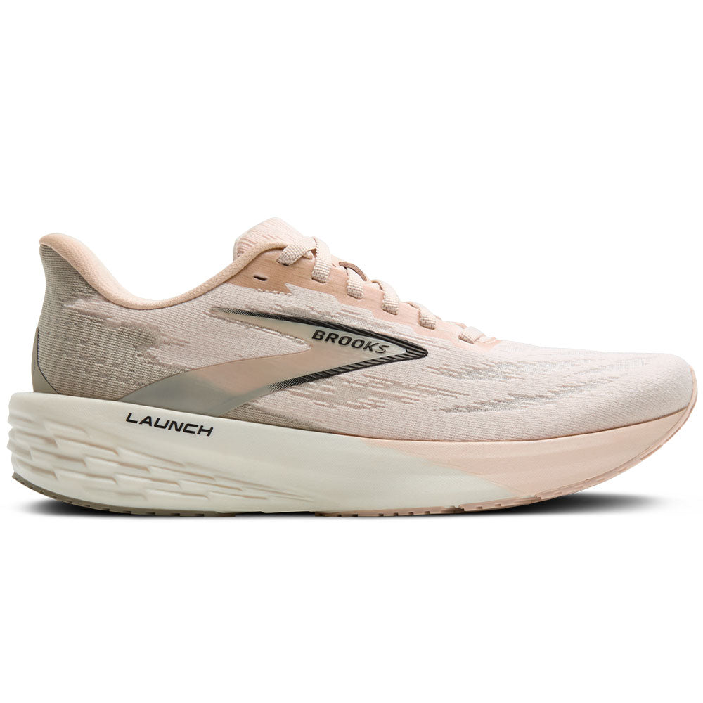 Brooks Launch Womens running shoes in Almond/Fog/Black - side view on a white background