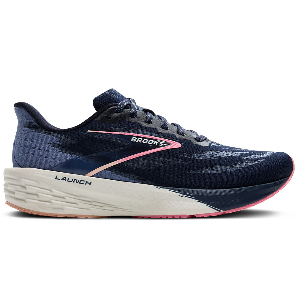 Side view on white background of Womens Brooks Launch running shoe in Peacoat/Blue/Peach, Medium (Regular) width