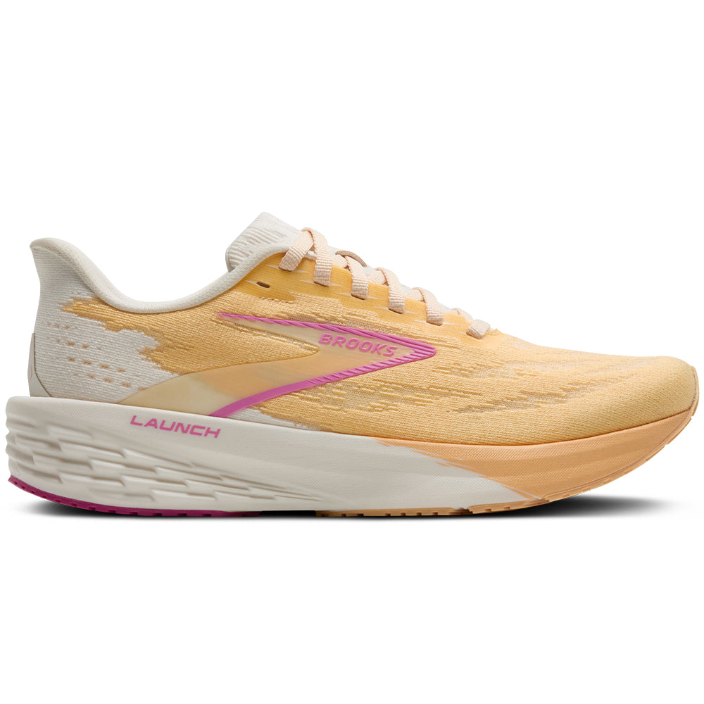 Side view on white background of Womens Brooks Launch running shoe in Sherbert/Coconut/Pink, Medium (Regular) width