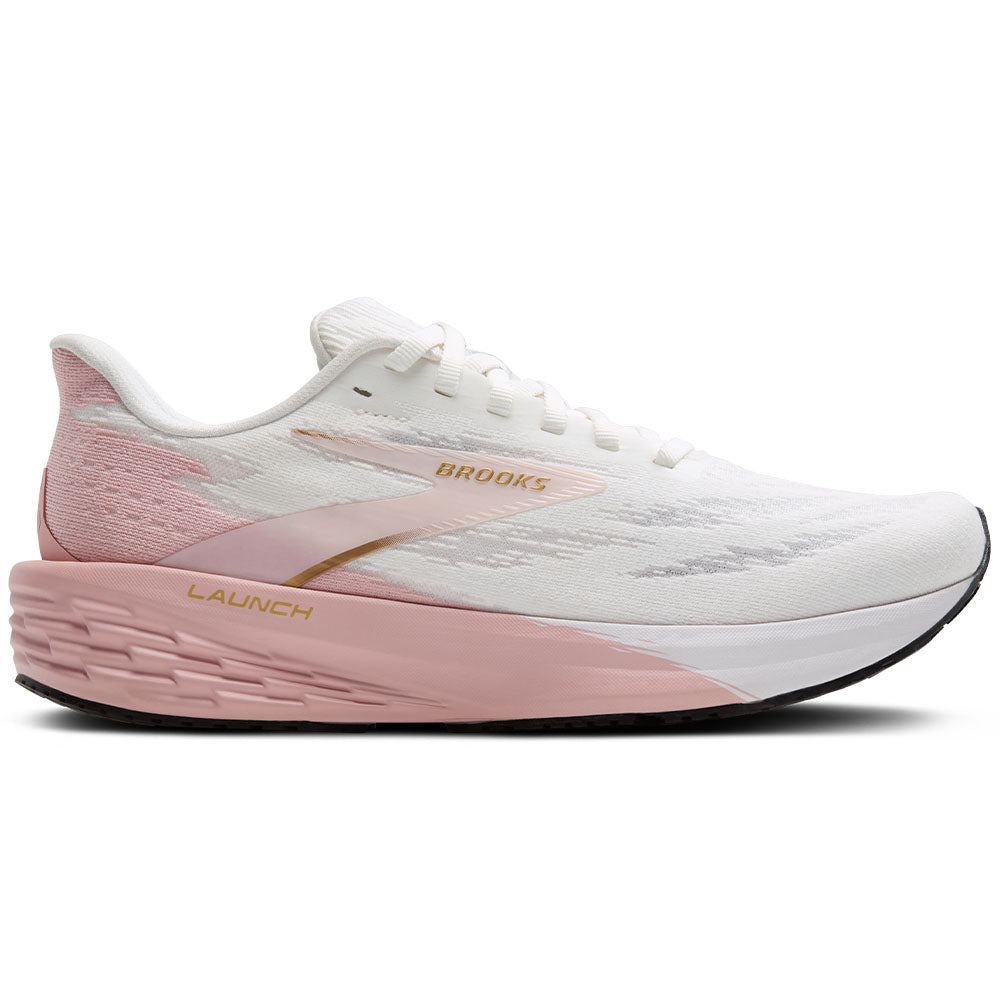 Side view on white background of Womens Brooks Launch running shoe in White/Gold/Pink, Medium (Regular) width