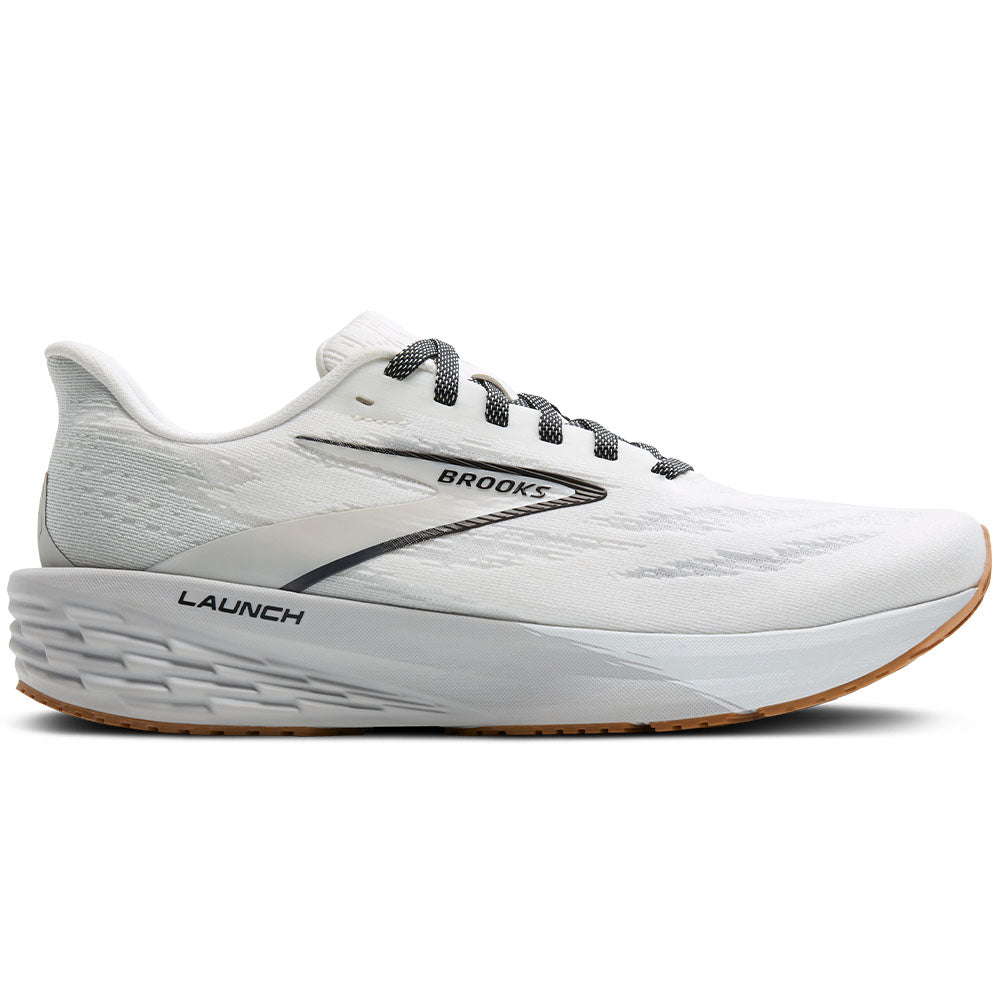 Side view on white background of Mens Brooks Launch running shoe in White/Grey/Black, Medium (Regular) width
