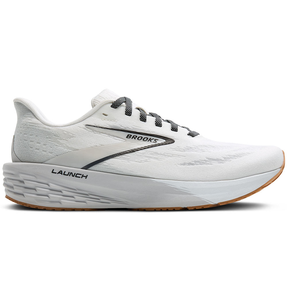 Side view on white background of Womens Brooks Launch running shoe in White/Grey/Black, Medium (Regular) width