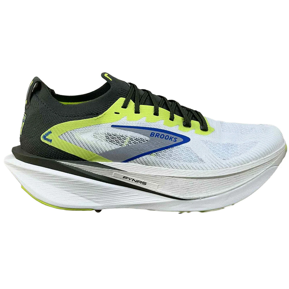 Side view on white background of Womens Brooks Hyperion running shoe in Blanc/Acid Lime/Blue, Medium (Regular) width