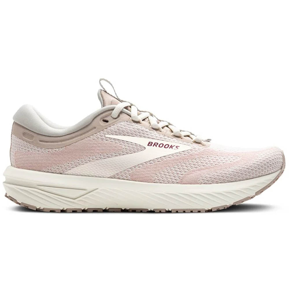Side view on white background of Womens Brooks Revel running shoe in Coconut/Chateau/Zephyr, Medium (Regular) width