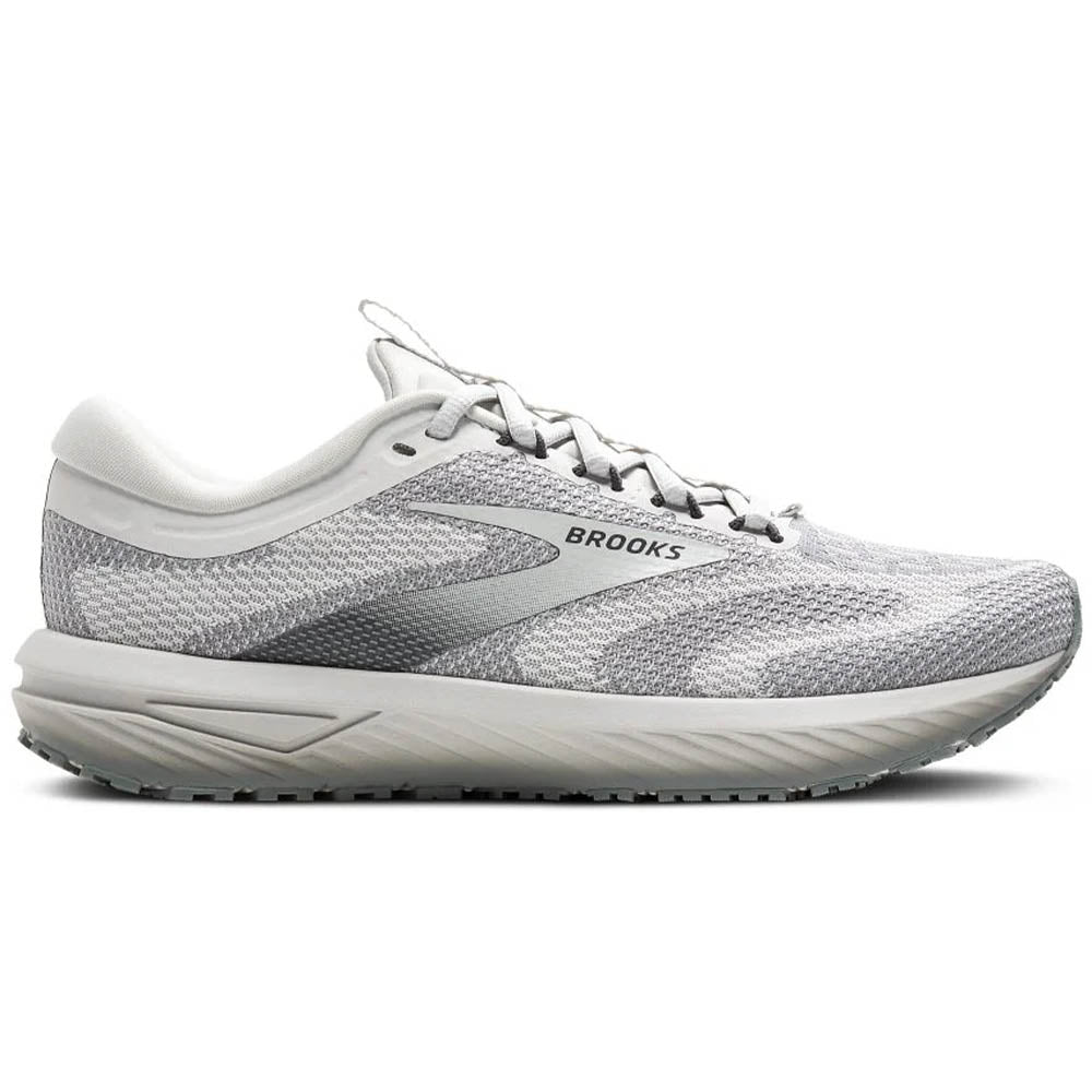 Side view on white background of Womens Brooks Revel running shoe in Oyster Mushroom/Primer Gray, Medium (Regular) width