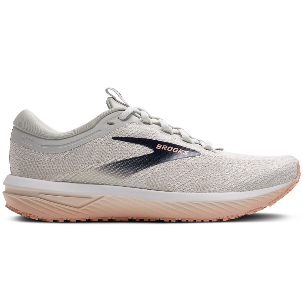 Side view on white background of Womens Brooks Revel running shoe in Oyster/White/Tropical Peach, Medium (Regular) width