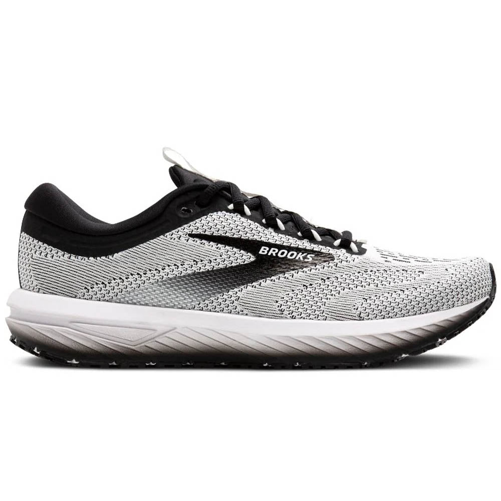 Side view on white background of Womens Brooks Revel running shoe in White/Black, Medium (Regular) width