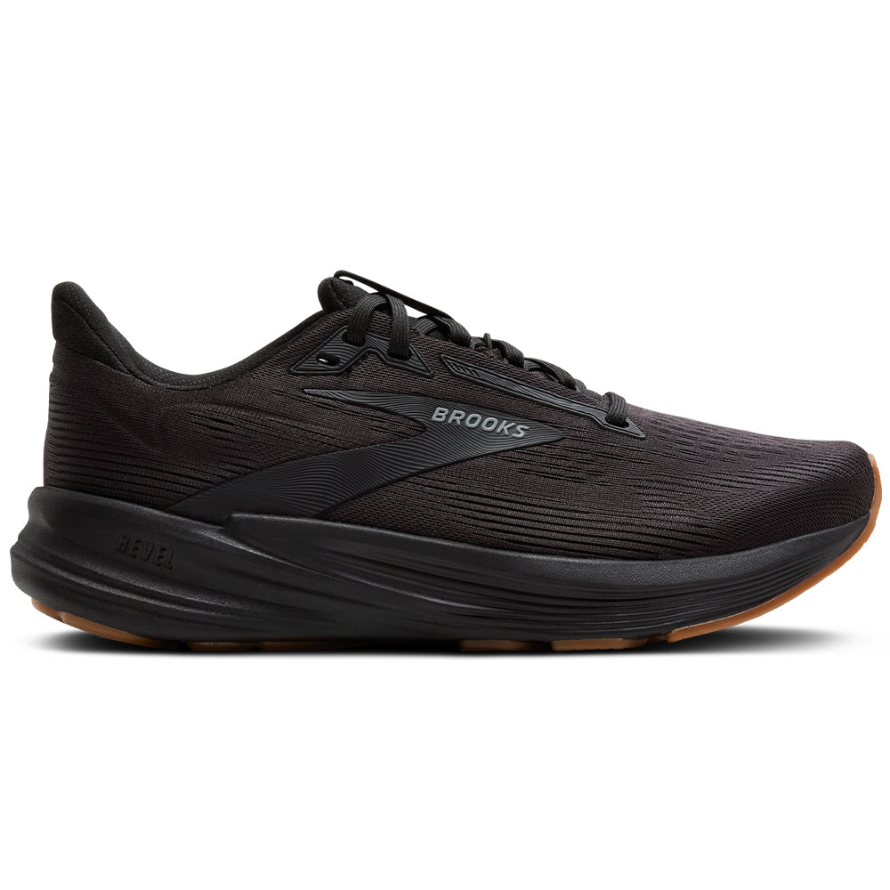 Side view on white background of Womens Brooks Revel running shoe in Black/Black, Medium (Regular) width