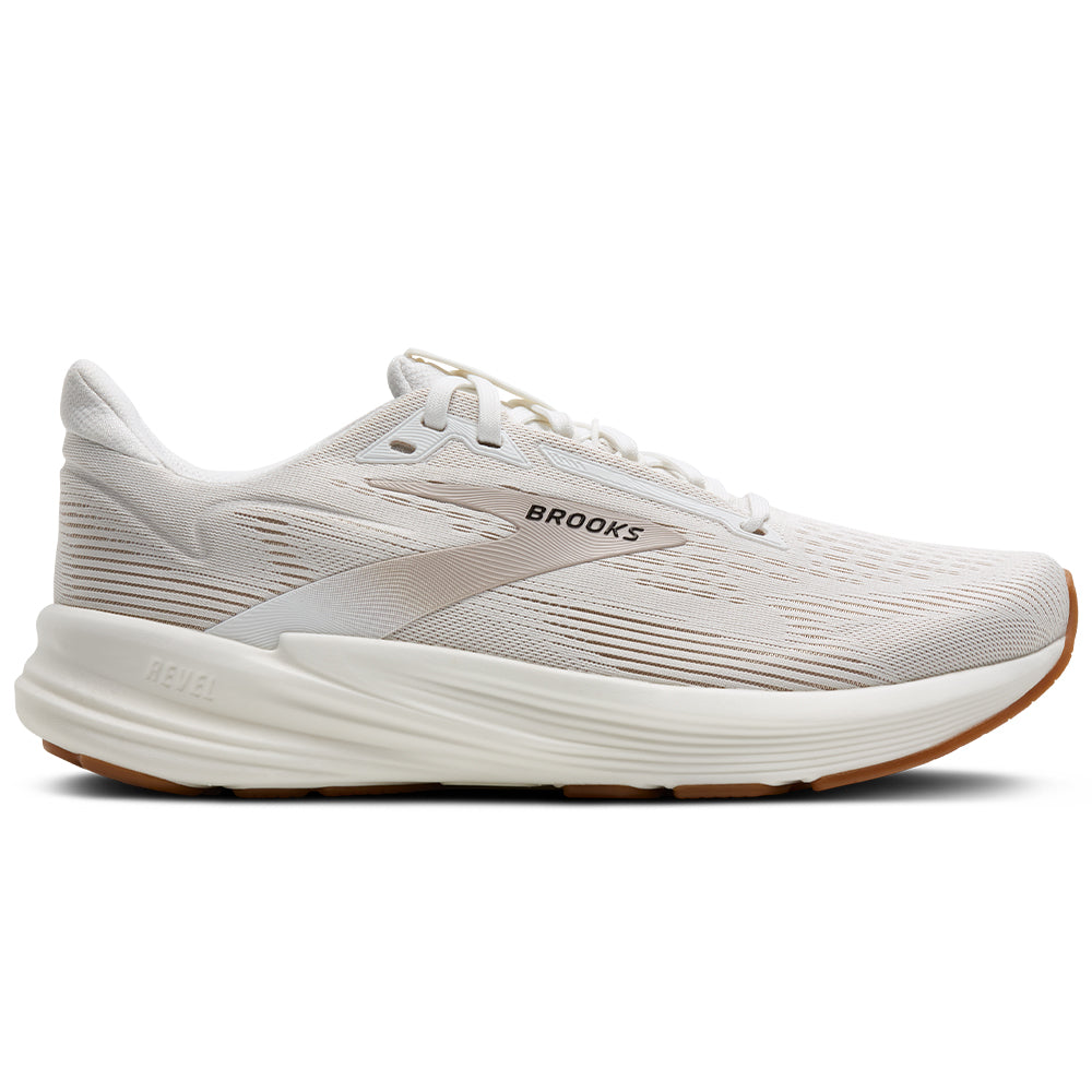 Side view on white background of Womens Brooks Revel running shoe in White/Chateau Grey, Wide width