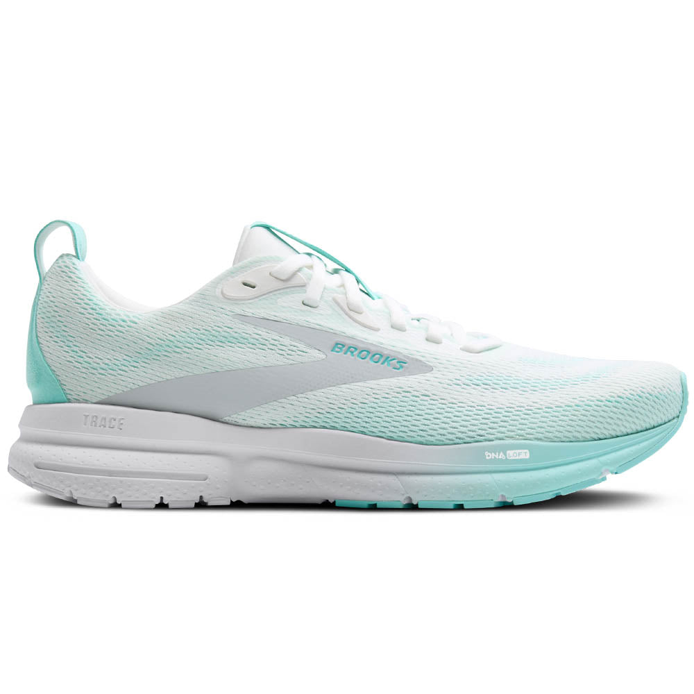 Side view on white background of Womens Brooks Trace running shoe in Bright White/Limpet/Black, Medium (Regular) width