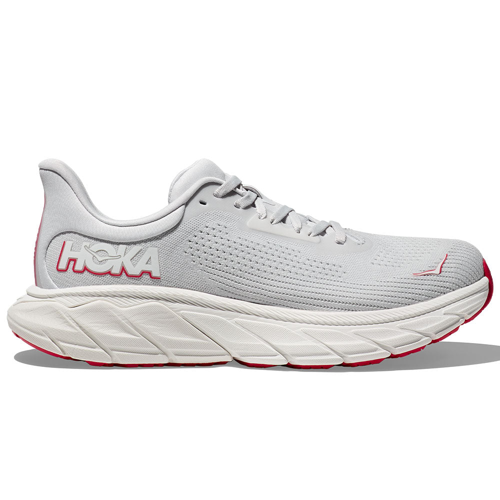 Side view on white background of Womens Hoka Arahi running shoe in Cosmic Grey/Ruby Red, Medium (Regular) width