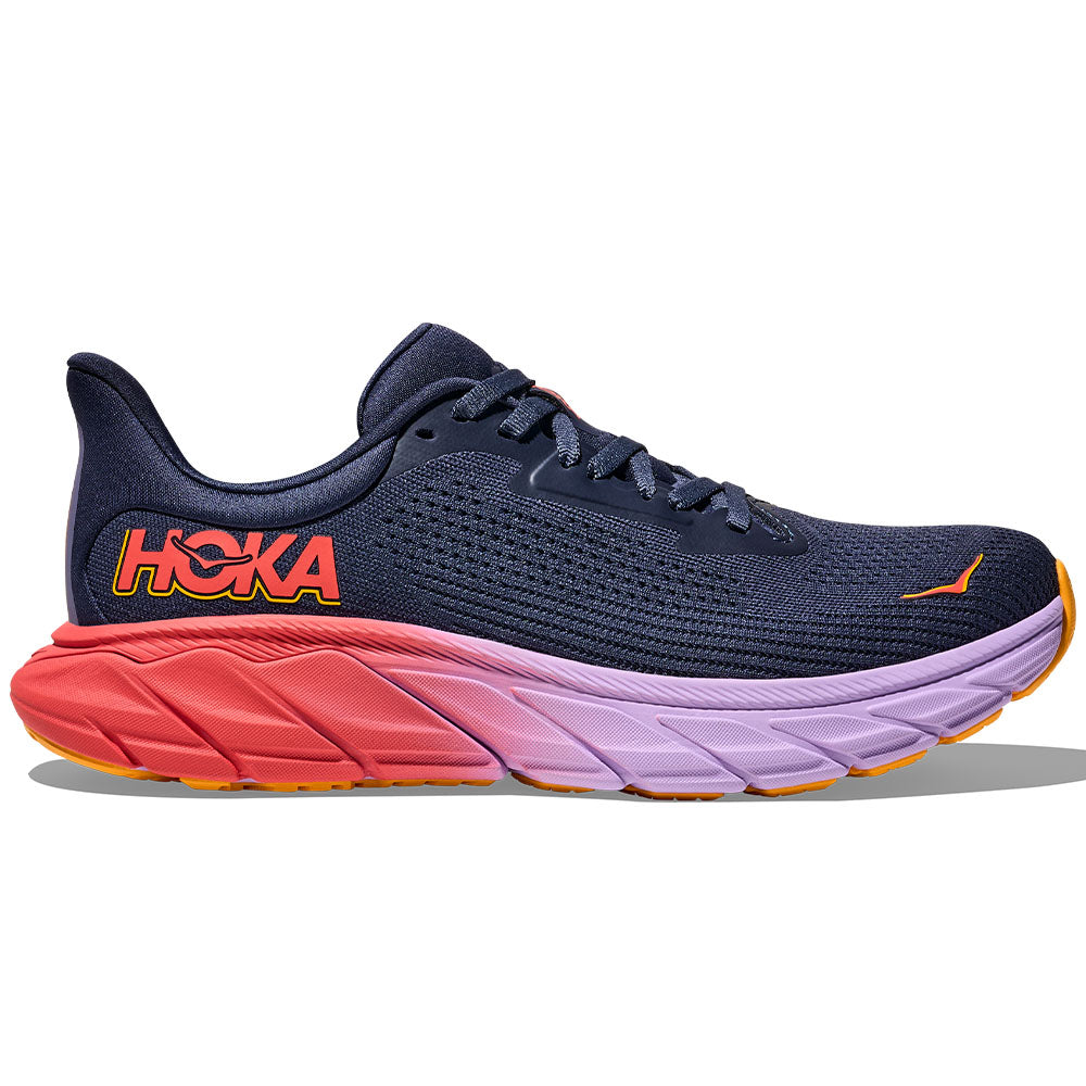 Side view on white background of Womens Hoka Arahi running shoe in Nautical Dusk/Varsity Navy, Medium (Regular) width